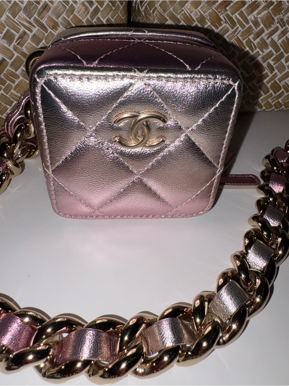 CHANEL Metallic Pink Quilted Mini Camera Bag with Gold Chain - Picture 3 of 9
